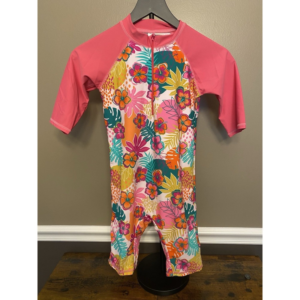 Tropical Print One Piece Rash Guard Swimsuit UPF 50 Surf Girls Scuba Youth Large
